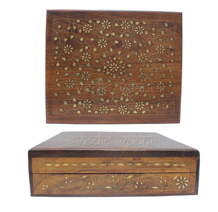 Brass Flower Inlay Worked Wooden Jewellery Box